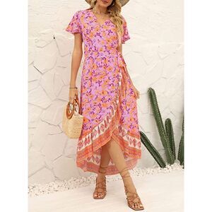 ZESICA Pink & Orange Floral Bohemian Wrap V-Neck Ruffle Flowy Midi Dress Size S